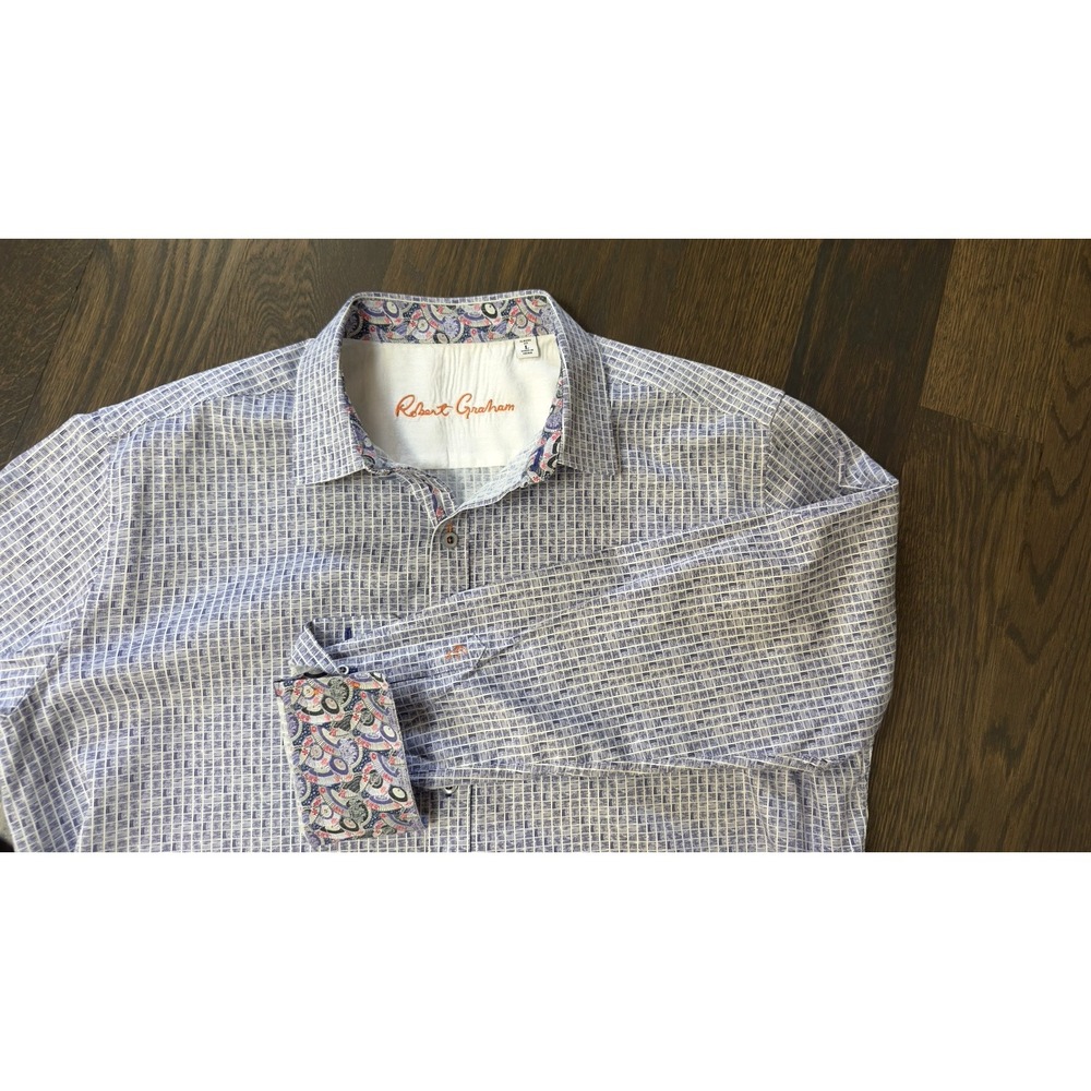 Robert Graham Shirt Classic Fit Grid Plaid Pattern Flip Cuff Blue   sz L